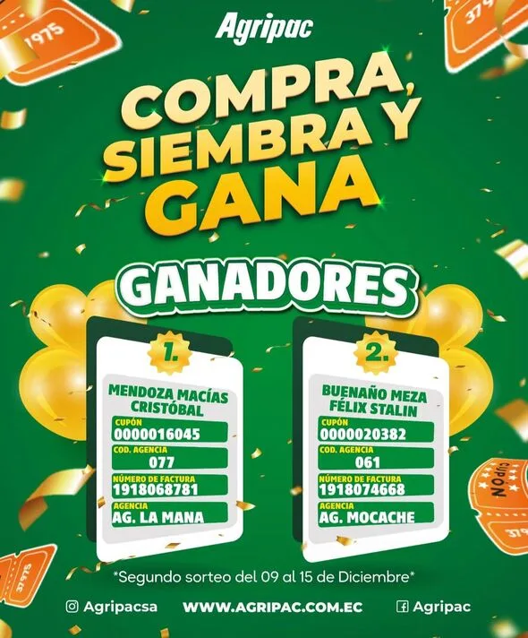 ECUADOR: La Maná y Mocache: Zonas ganadoras del segundo sorteo de la Campaña "Compra, Siembra y Gana" de Agripac